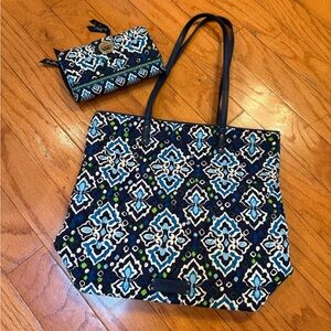 Vera Bradley Blue and Green Geometric Day Tote Bag & Turnlock Wallet